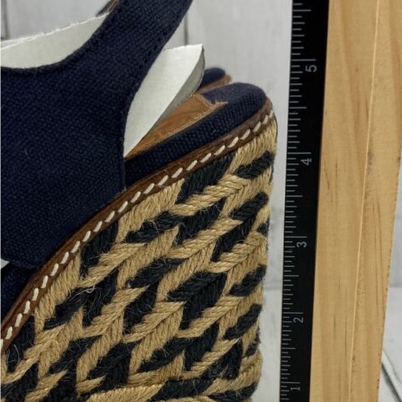 Tory Burch Navy Blue Linley High Open Toe Tie Front Espadrille Wedge Size 5 - Picture 7 of 12